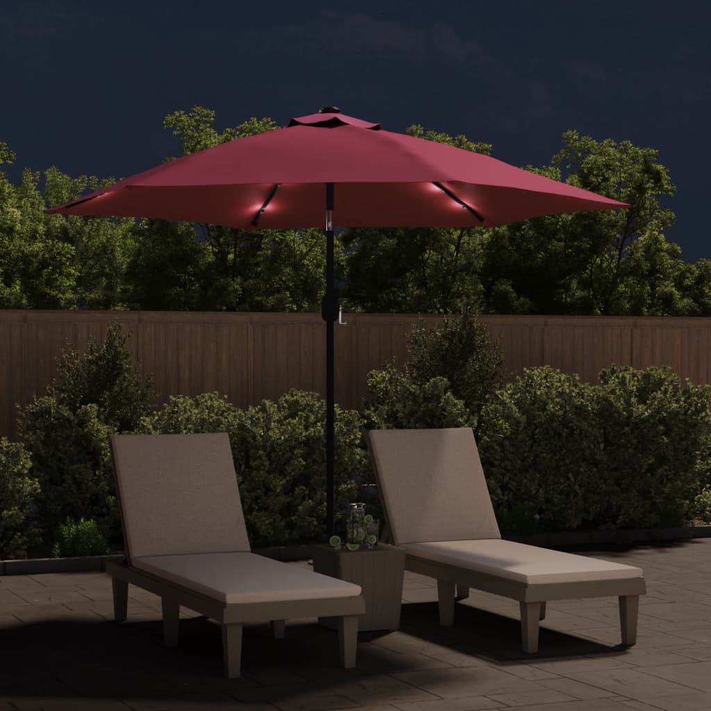 vidaXL Parasol ogrodowy z LED i stalowym słupkiem, 300 cm, bordowy
