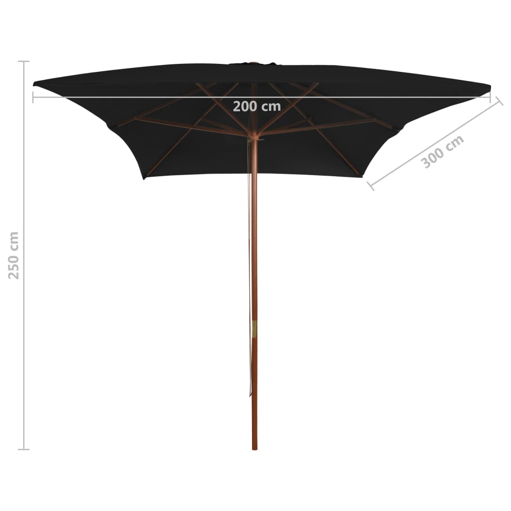 vidaXL Parasol ogrodowy na drewnianym słupku, czarny, 200x300 cm