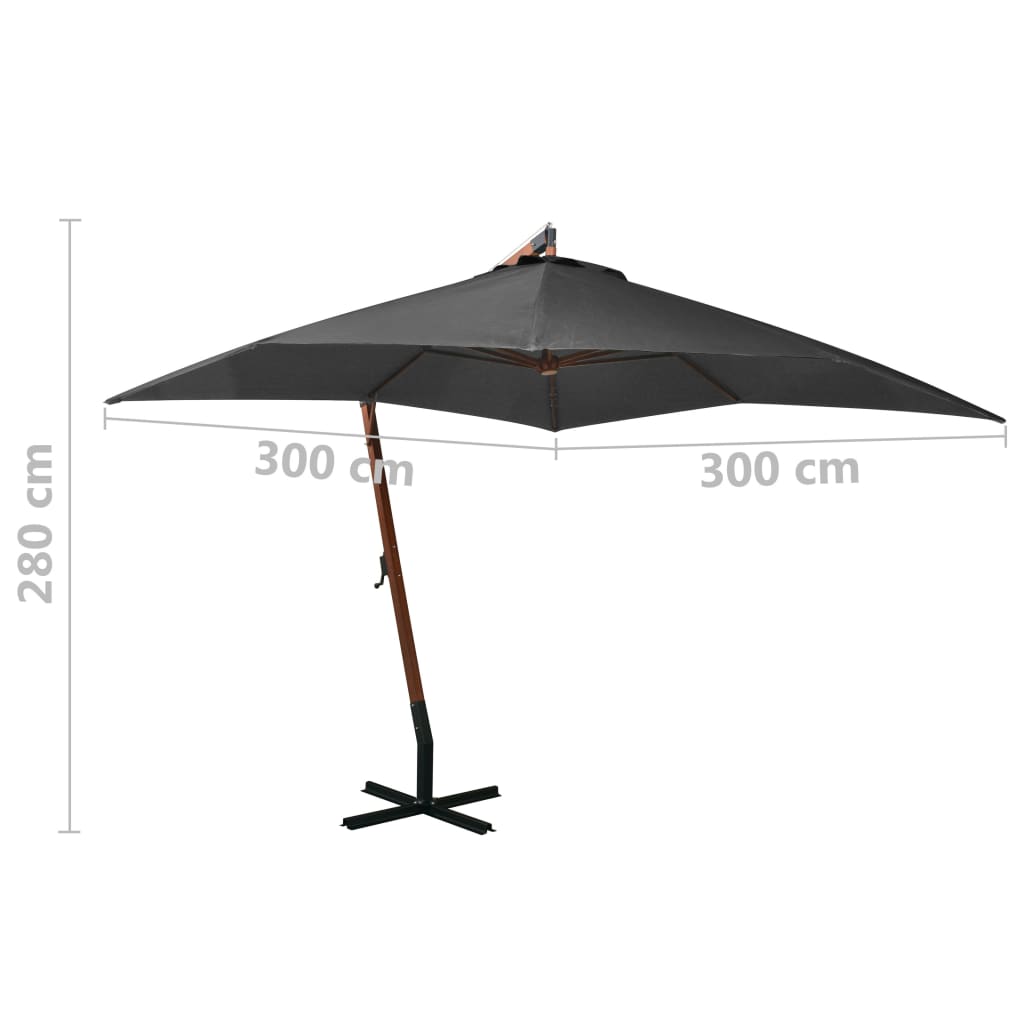 vidaXL Parasol ogrodowy wiszący, na jodłowym słupku, antracyt, 3x3 m