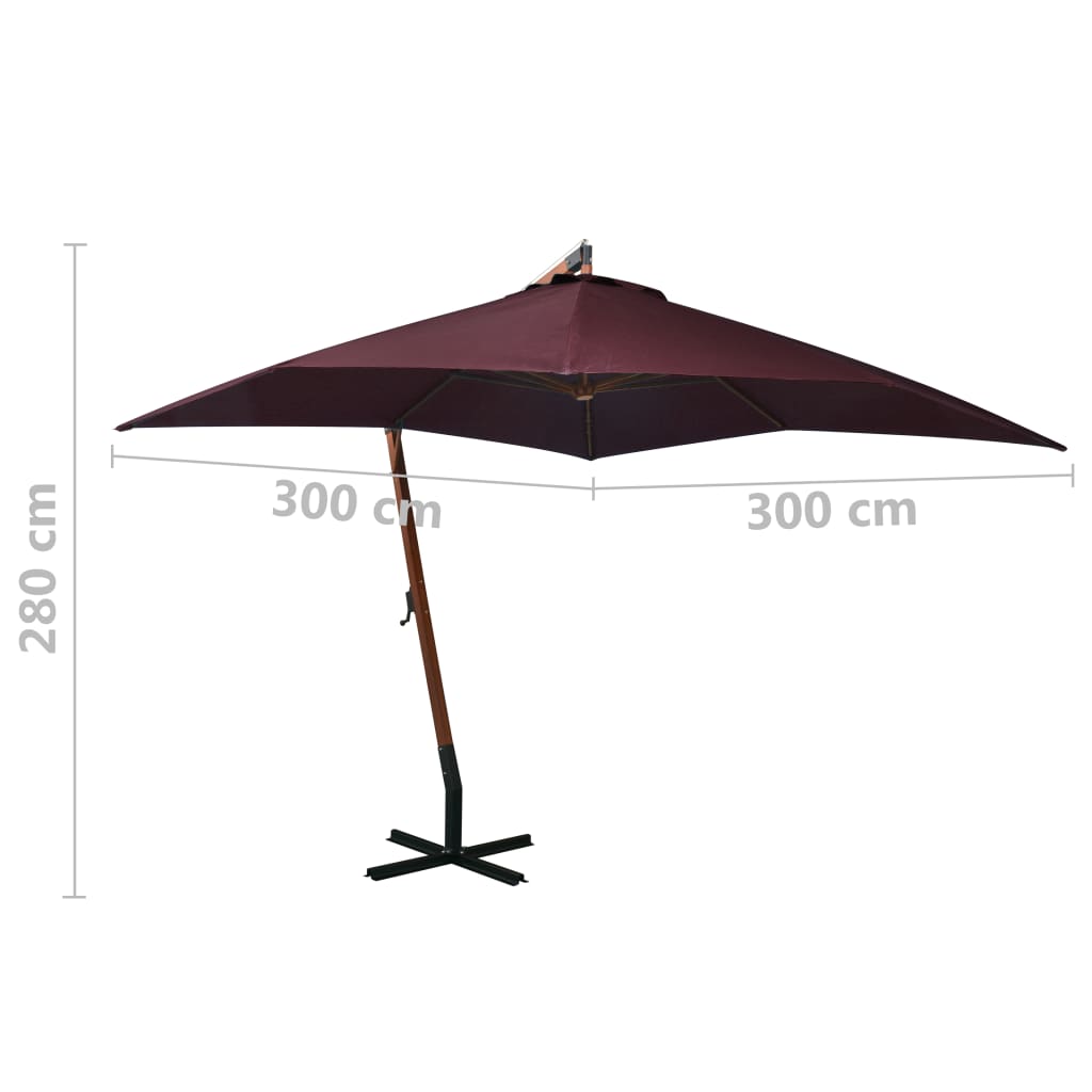 vidaXL Parasol ogrodowy wiszący, na jodłowym słupku, bordowy, 3x3 m