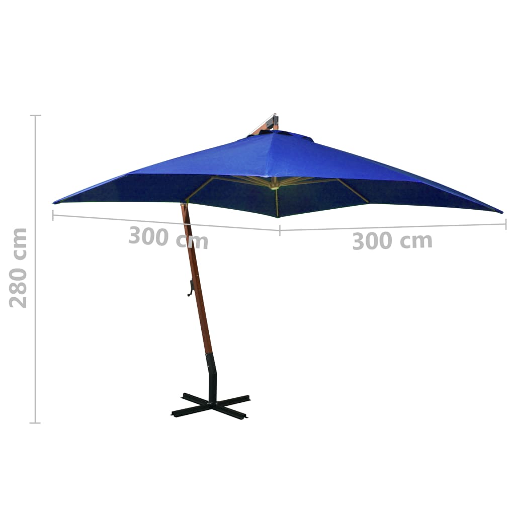 vidaXL Parasol ogrodowy wiszący, jodłowy słupek, niebieski, 3x3 m