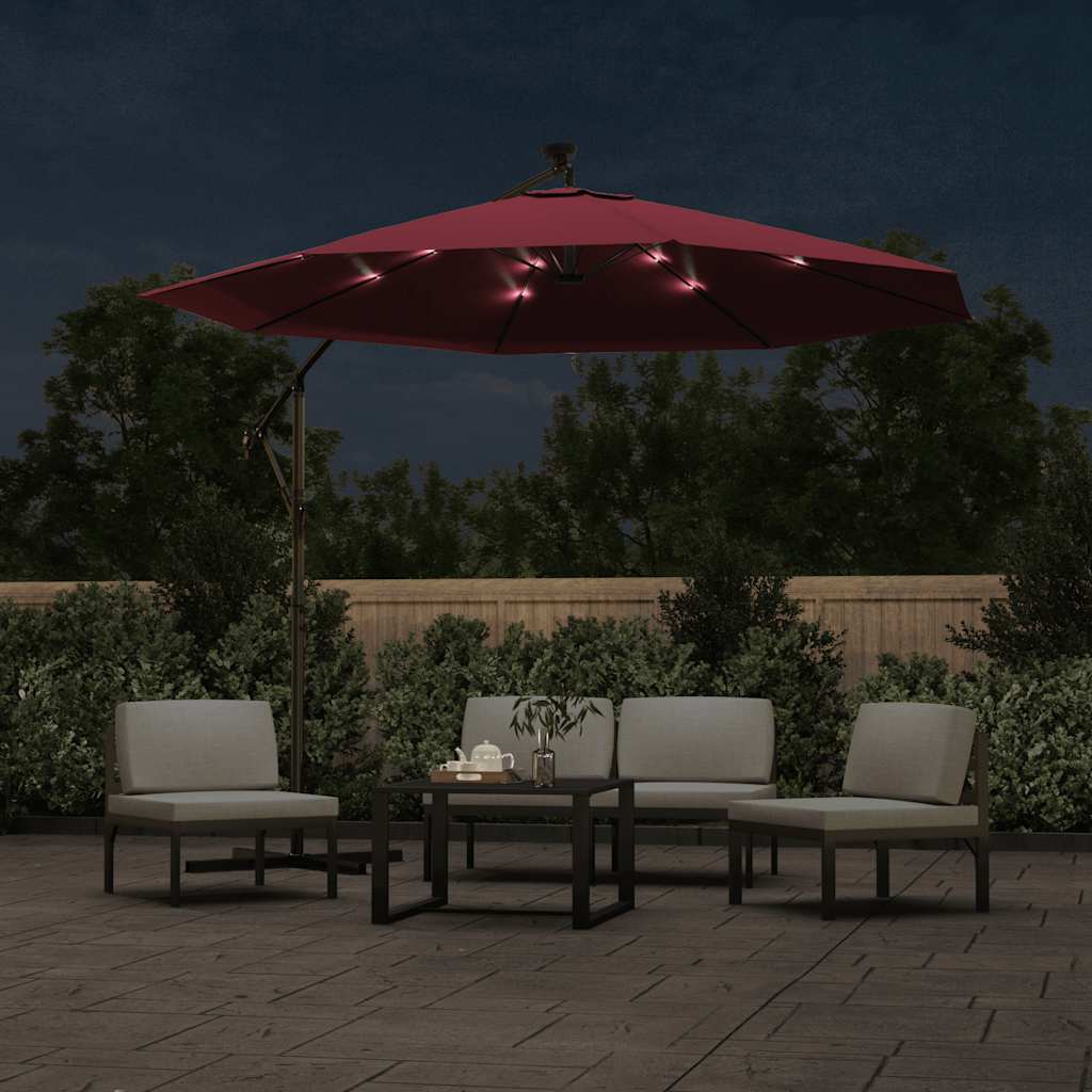 vidaXL Parasol wiszący z LED i stalowym słupkiem, winna czerwień