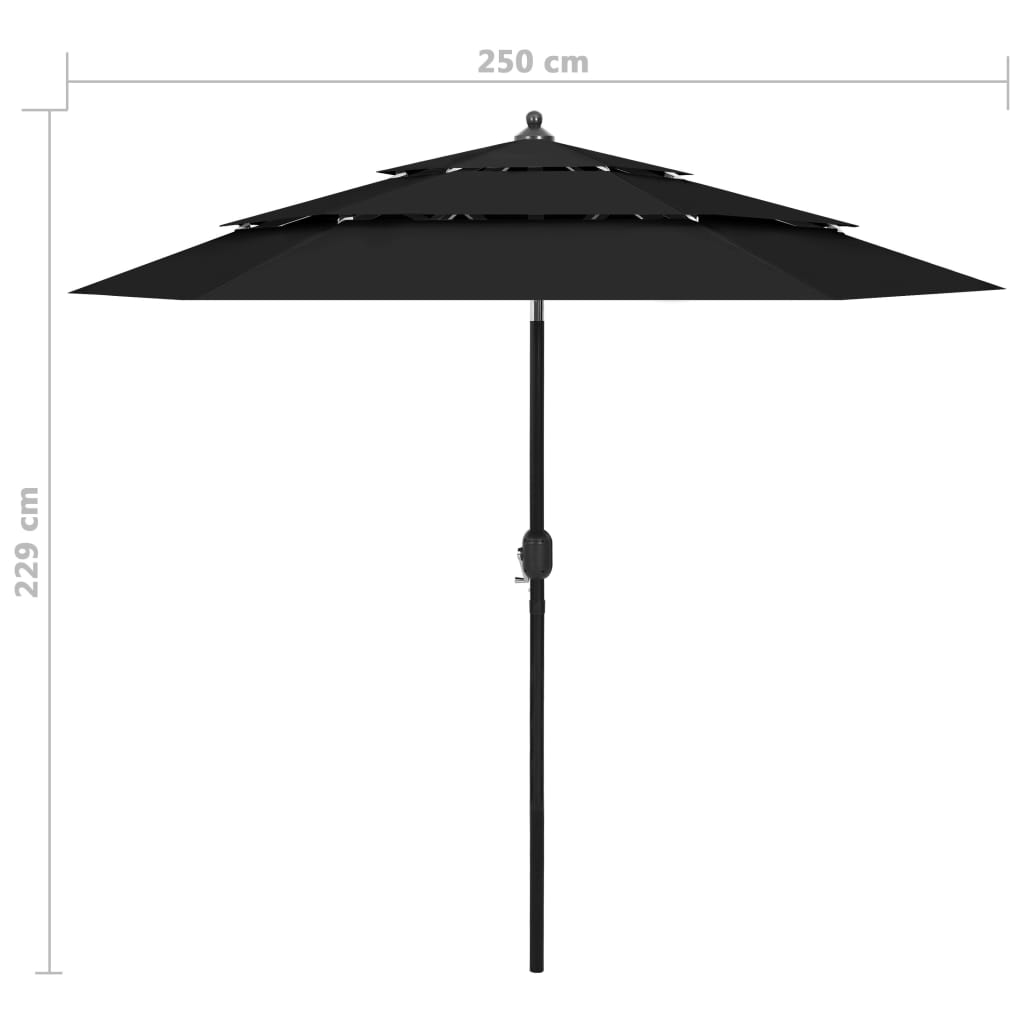 vidaXL 3-poziomowy parasol na aluminiowym słupku, czarny, 2,5 m