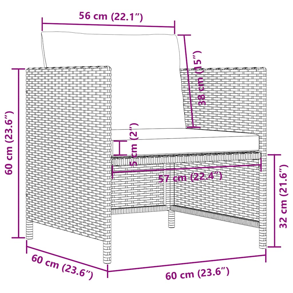 vidaXL Fotel ogrodowy z poduszkami, rattan PE, czarny