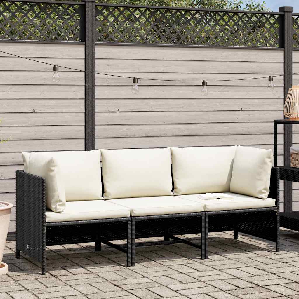 vidaXL 3-osobowa sofa ogrodowa z poduszkami, polirattan, czarna