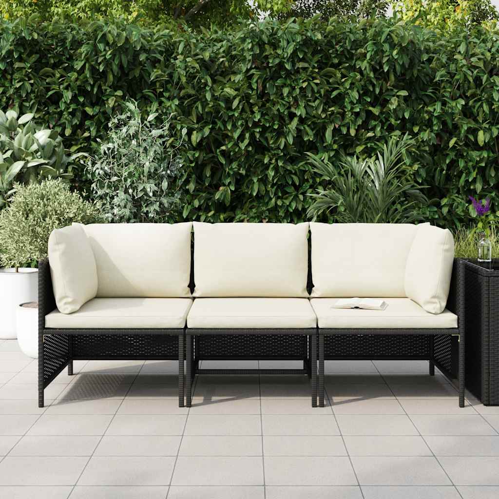 vidaXL 3-osobowa sofa ogrodowa z poduszkami, polirattan, czarna