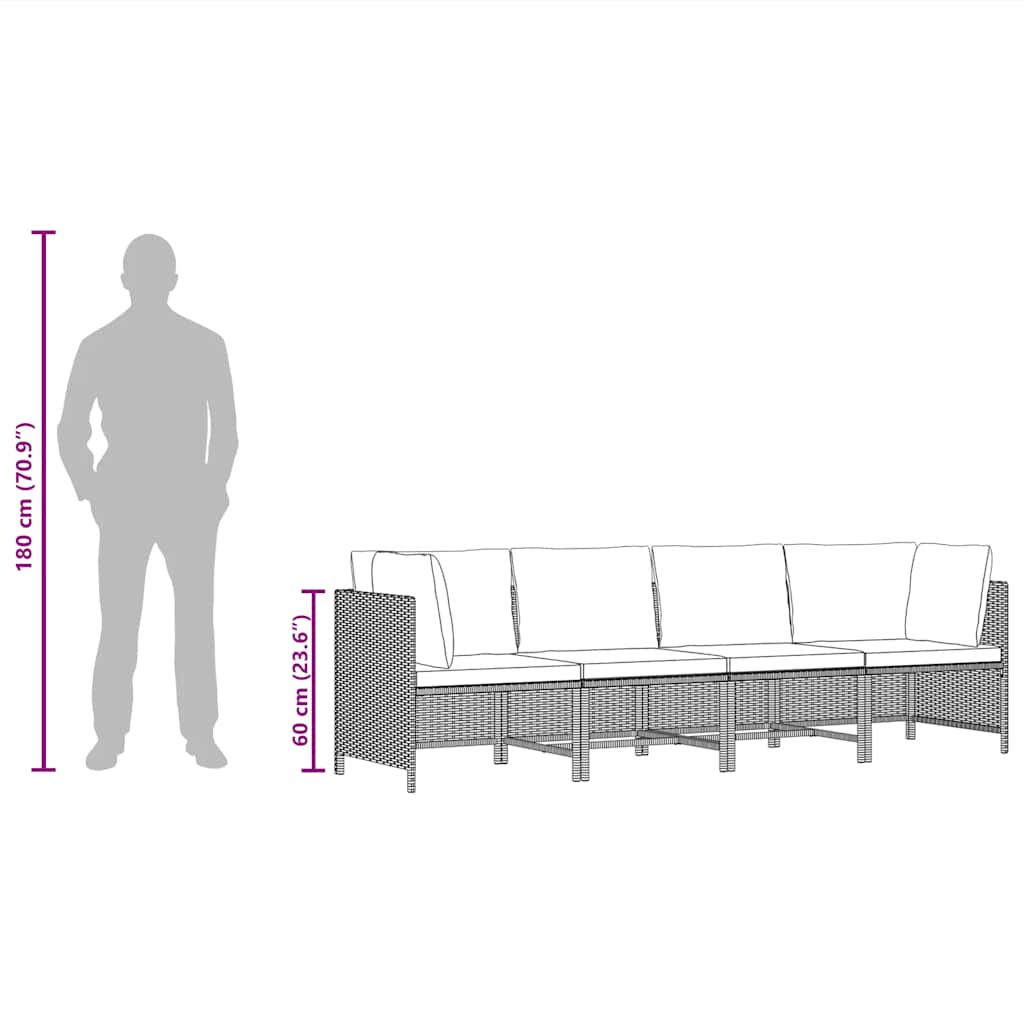 vidaXL 4-osobowa sofa ogrodowa z poduszkami, polirattan, czarna