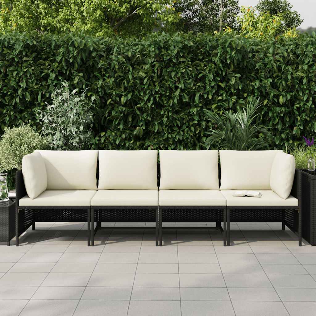 vidaXL 4-osobowa sofa ogrodowa z poduszkami, polirattan, czarna