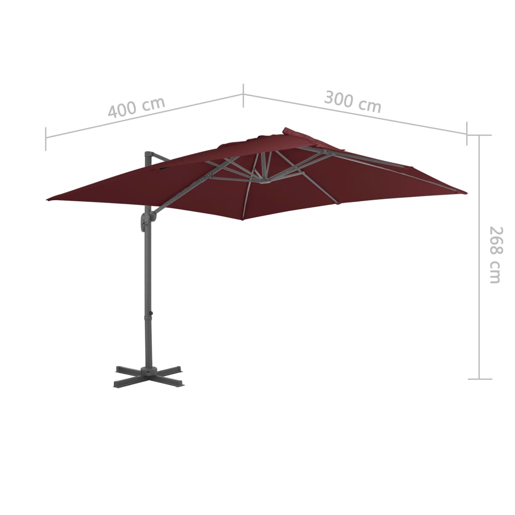 vidaXL Parasol wiszący na aluminiowym słupku, bordowy, 400x300 cm