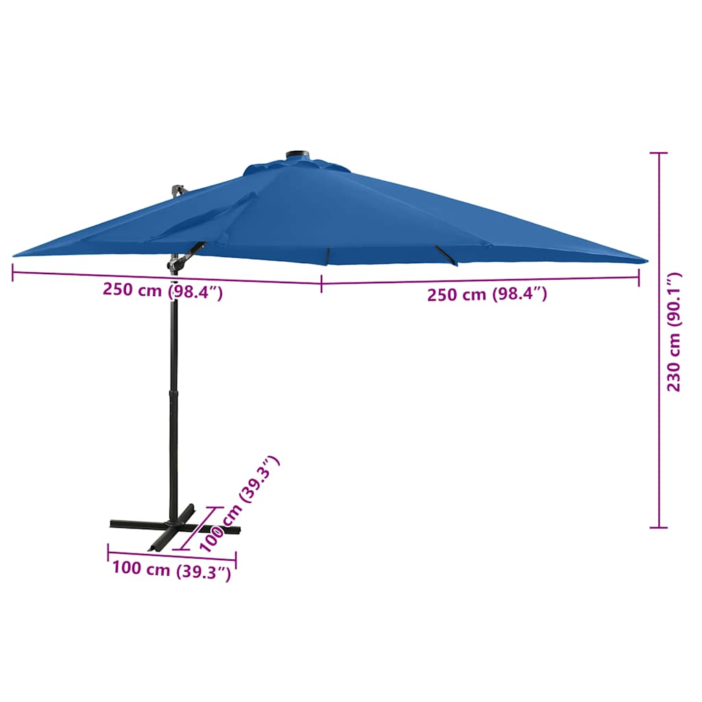 vidaXL Parasol wiszący z LED i słupkiem, niebieski, 250 cm