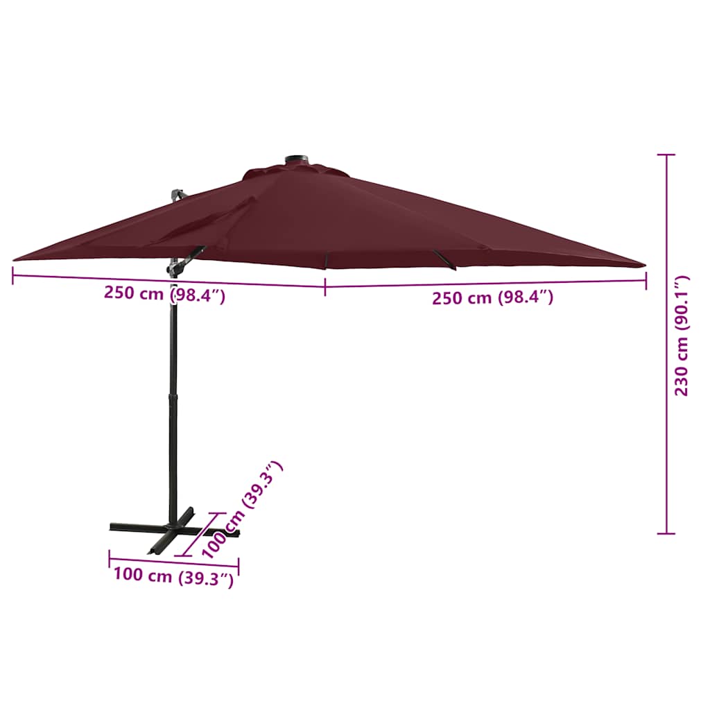 vidaXL Parasol wiszący z LED i słupkiem, bordowy, 250 cm