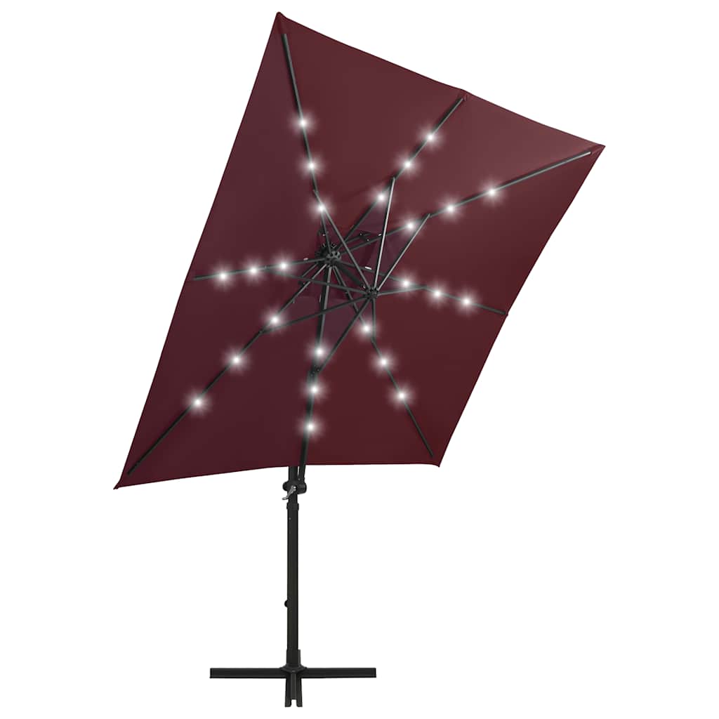 vidaXL Parasol wiszący z LED i słupkiem, bordowy, 250 cm