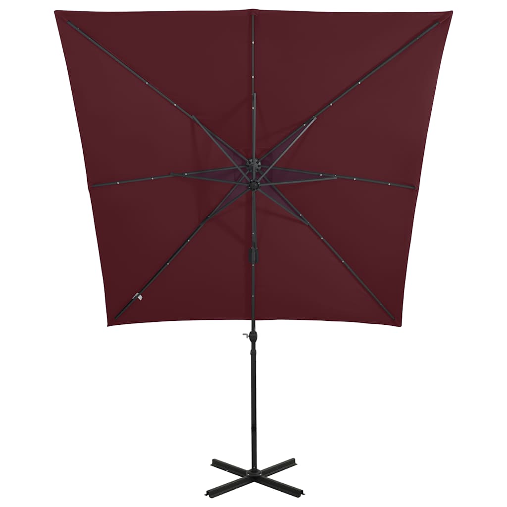 vidaXL Parasol wiszący z LED i słupkiem, bordowy, 250 cm