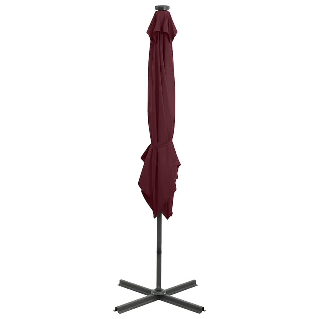 vidaXL Parasol wiszący z LED i słupkiem, bordowy, 250 cm