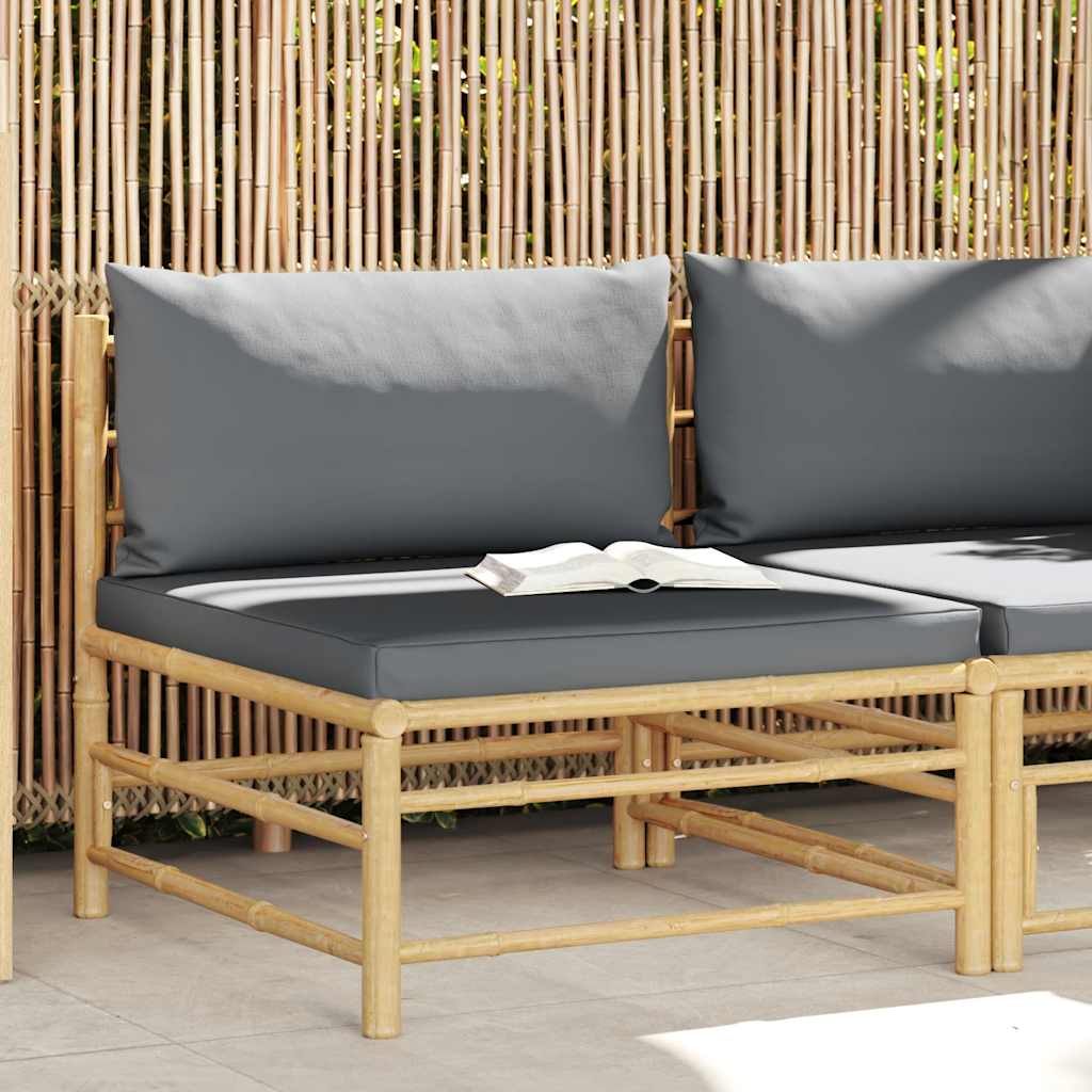 vidaXL Środkowa sofa ogrodowa z ciemnoszarymi poduszkami, bambusowa