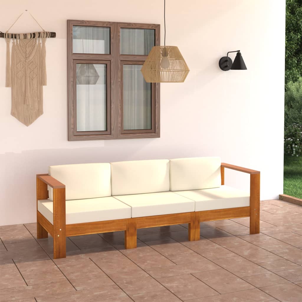 vidaXL 3-osobowa sofa ogrodowa z kremowymi poduszkami, drewno akacjowe