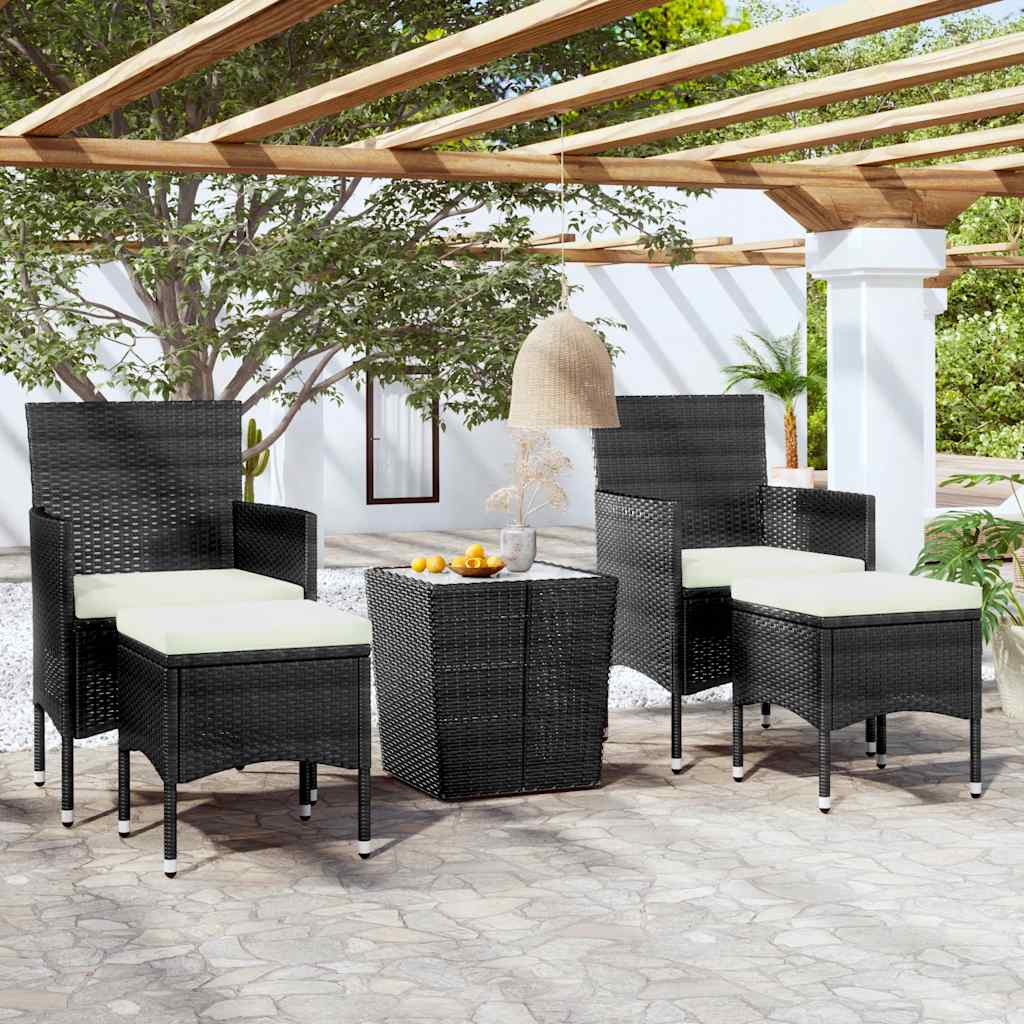 vidaXL 5-cz. zestaw mebli bistro, rattan PE i szkło hartowane, czarny