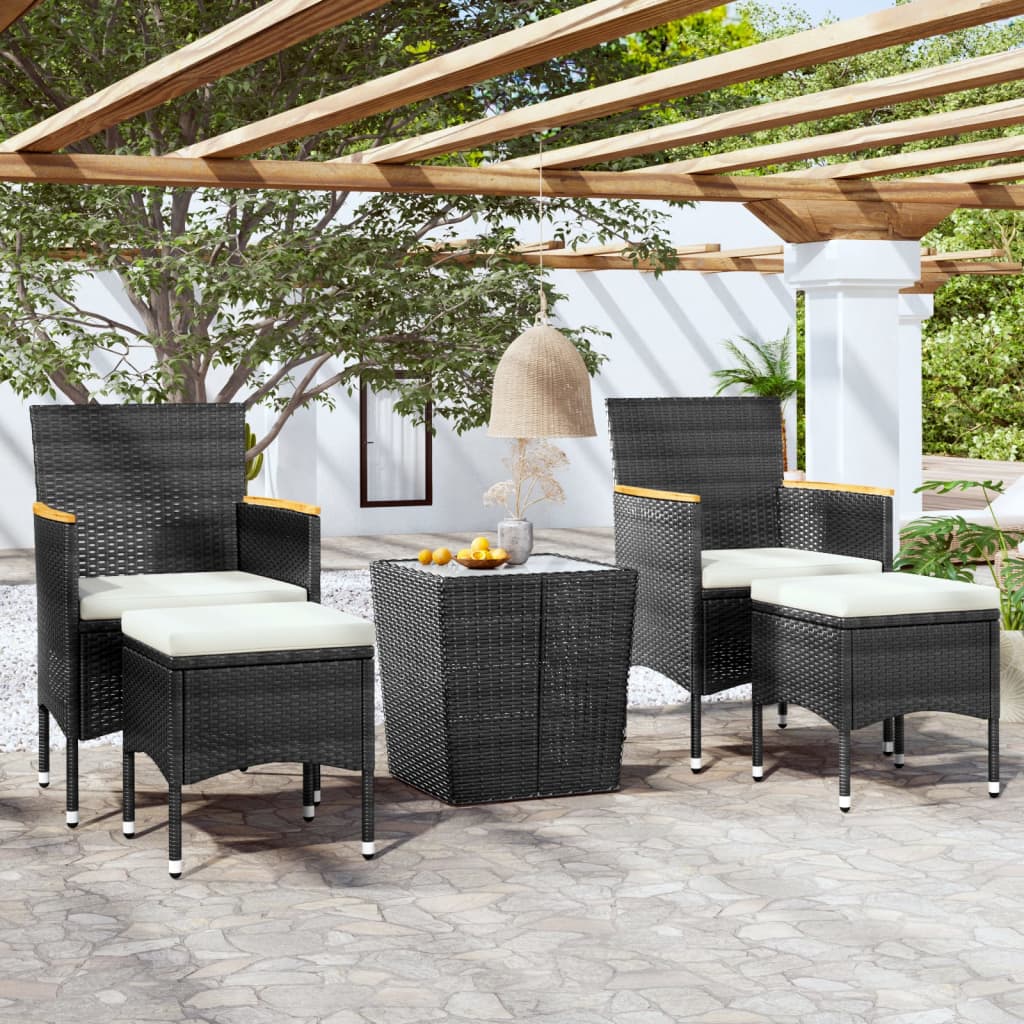 vidaXL 5-cz. zestaw mebli bistro, rattan PE i szkło hartowane, czarny