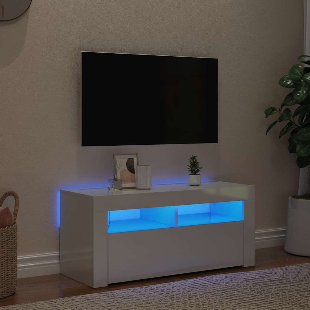 vidaXL Szafka TV z oświetleniem LED, wysoki połysk, biała, 90x35x40 cm