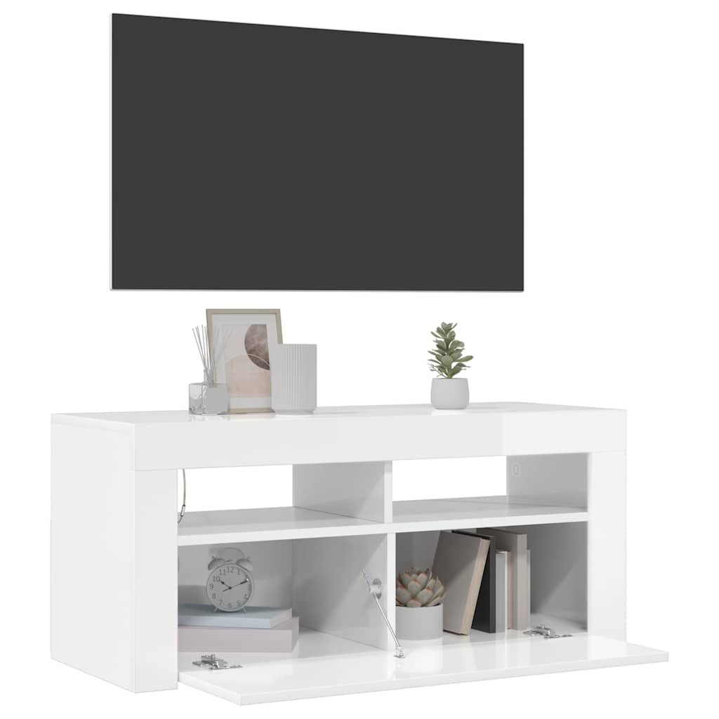 vidaXL Szafka TV z oświetleniem LED, wysoki połysk, biała, 90x35x40 cm