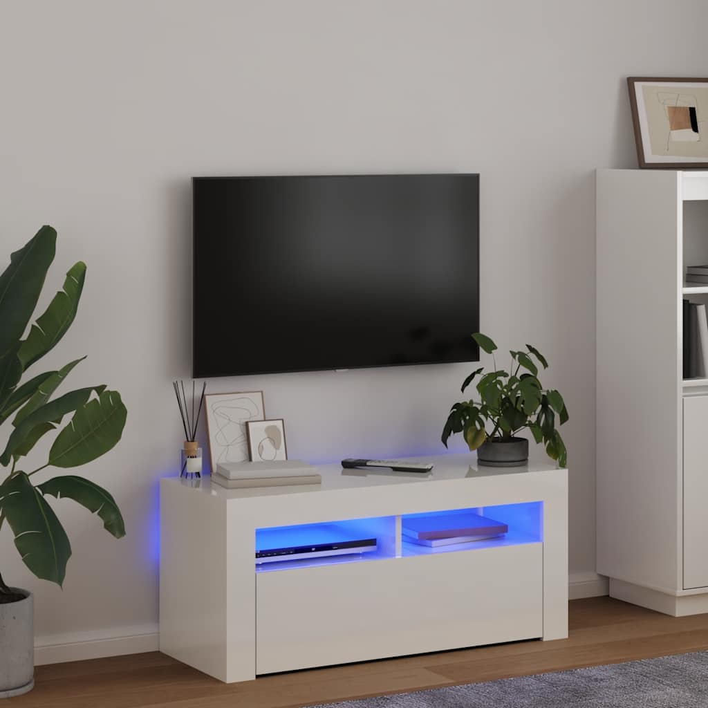 vidaXL Szafka TV z oświetleniem LED, wysoki połysk, biała, 90x35x40 cm