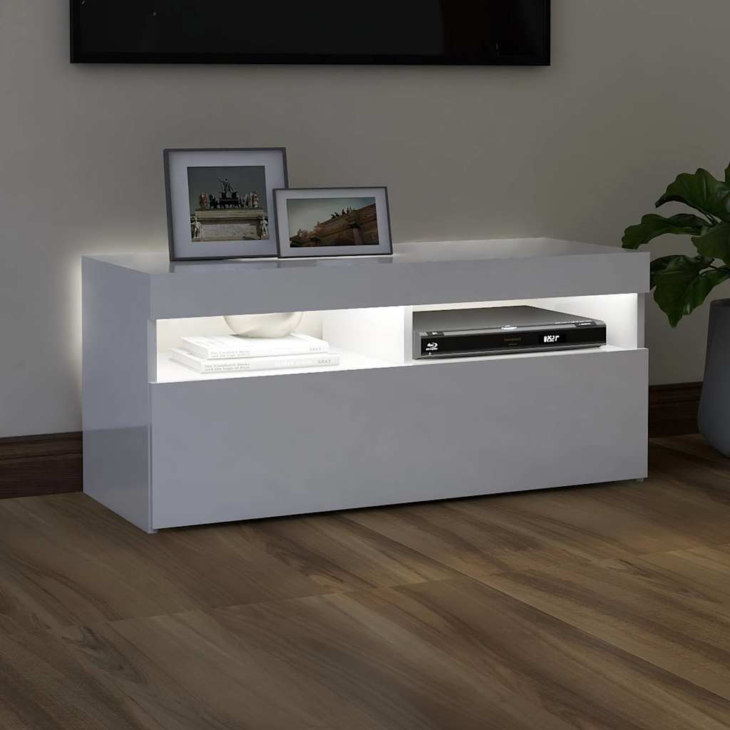 vidaXL Szafka TV z oświetleniem LED, wysoki połysk, biała, 90x35x40 cm