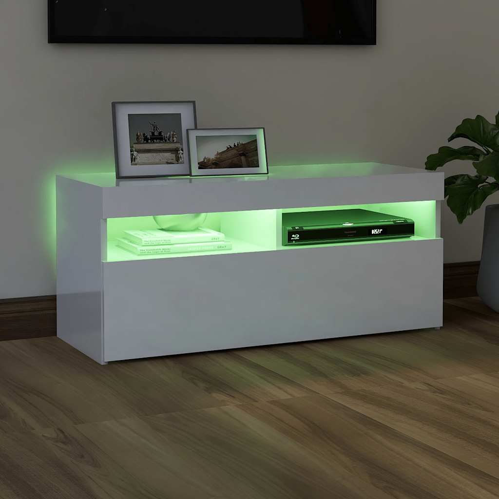 vidaXL Szafka TV z oświetleniem LED, wysoki połysk, biała, 90x35x40 cm