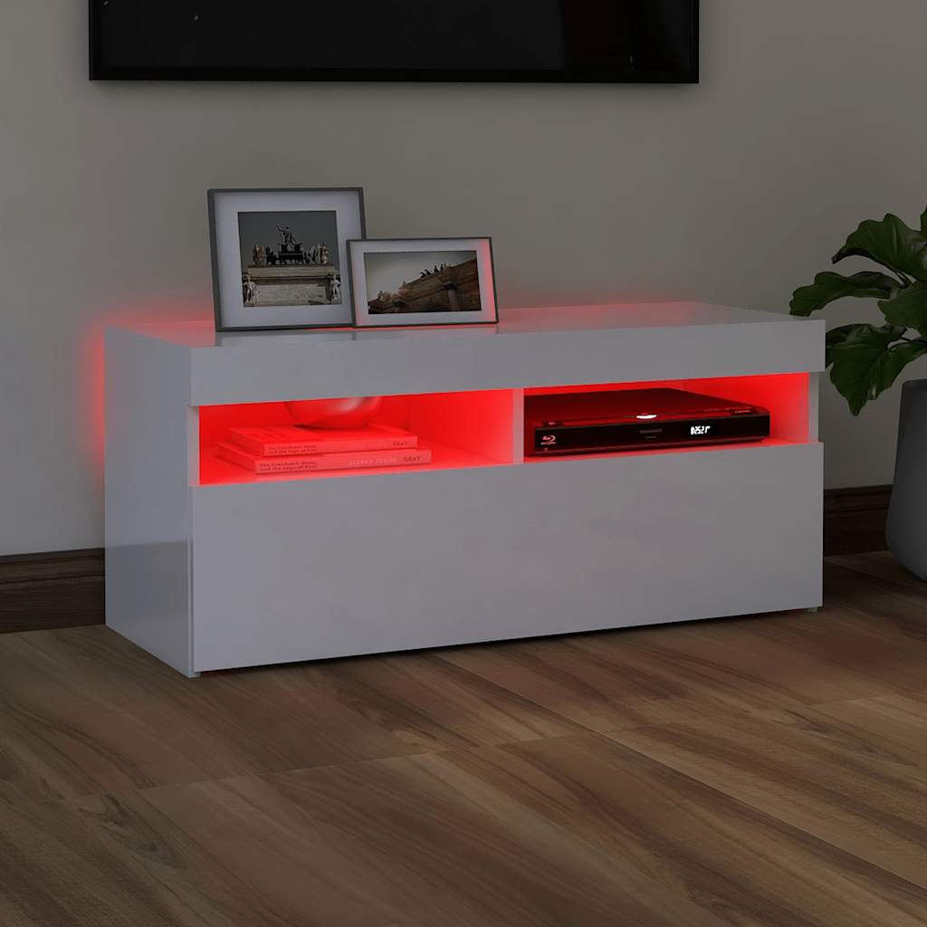 vidaXL Szafka TV z oświetleniem LED, wysoki połysk, biała, 90x35x40 cm