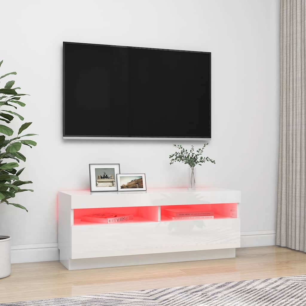 vidaXL Szafka TV z oświetleniem LED, biel z połyskiem, 100x35x40 cm