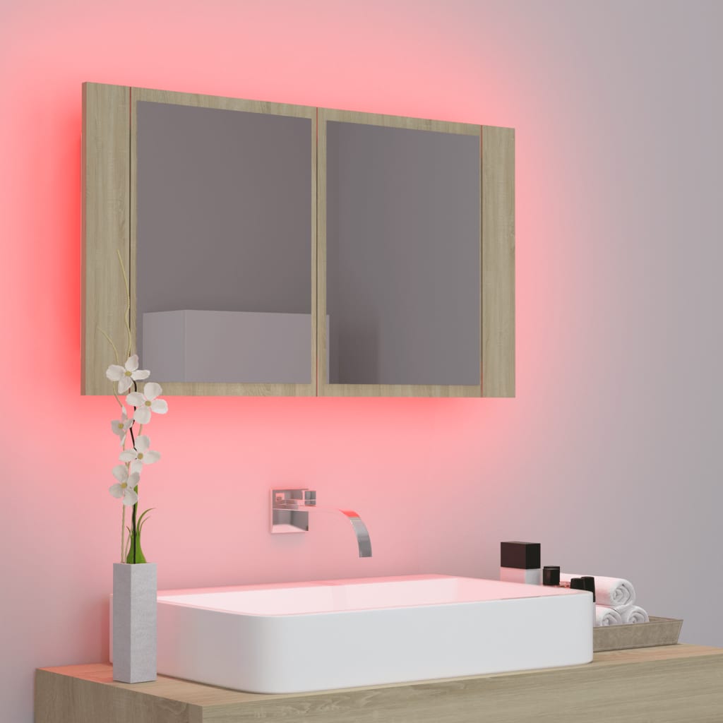 vidaXL Szafka łazienkowa z lustrem i LED, dąb sonoma, 80x12x45, akryl