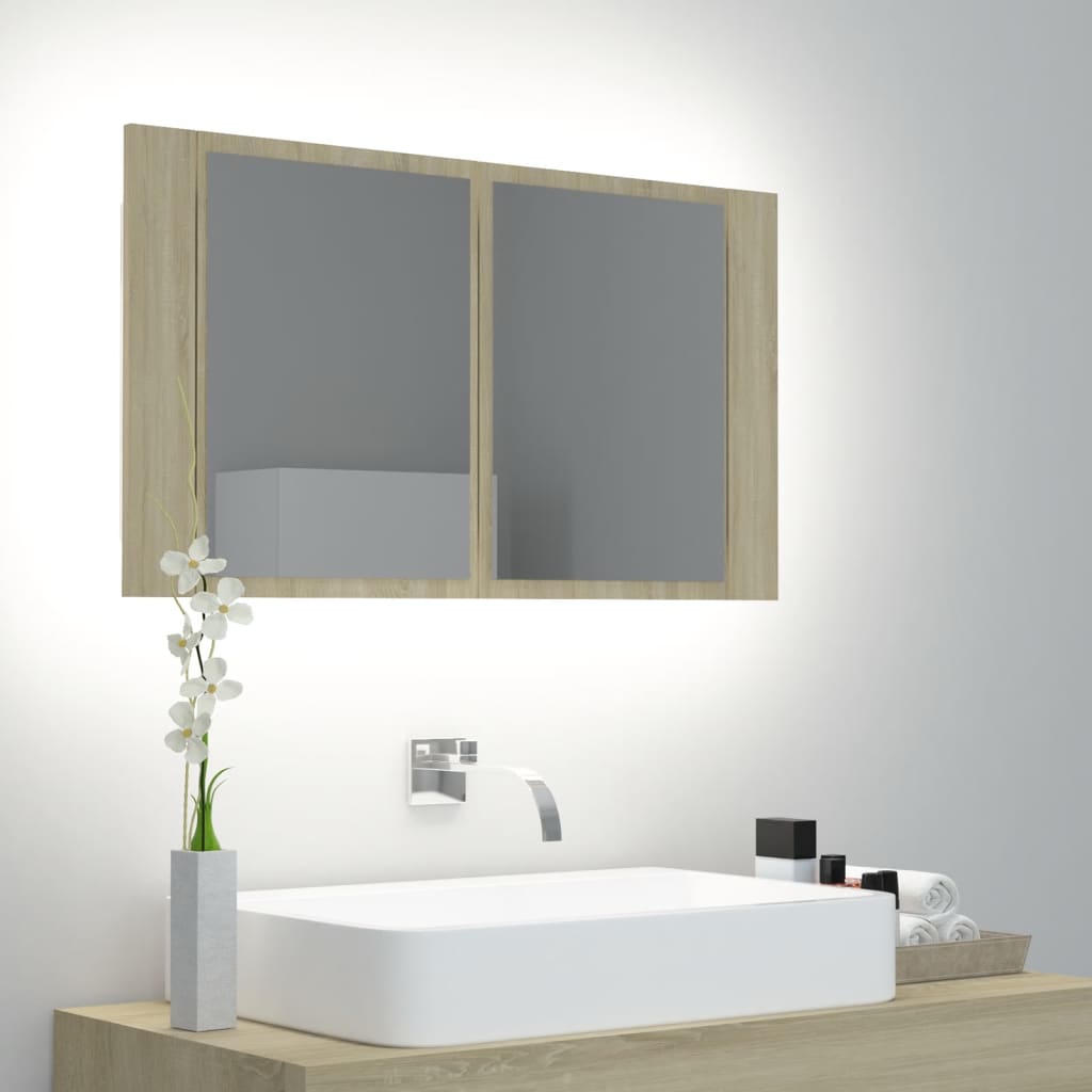 vidaXL Szafka łazienkowa z lustrem i LED, dąb sonoma, 80x12x45, akryl