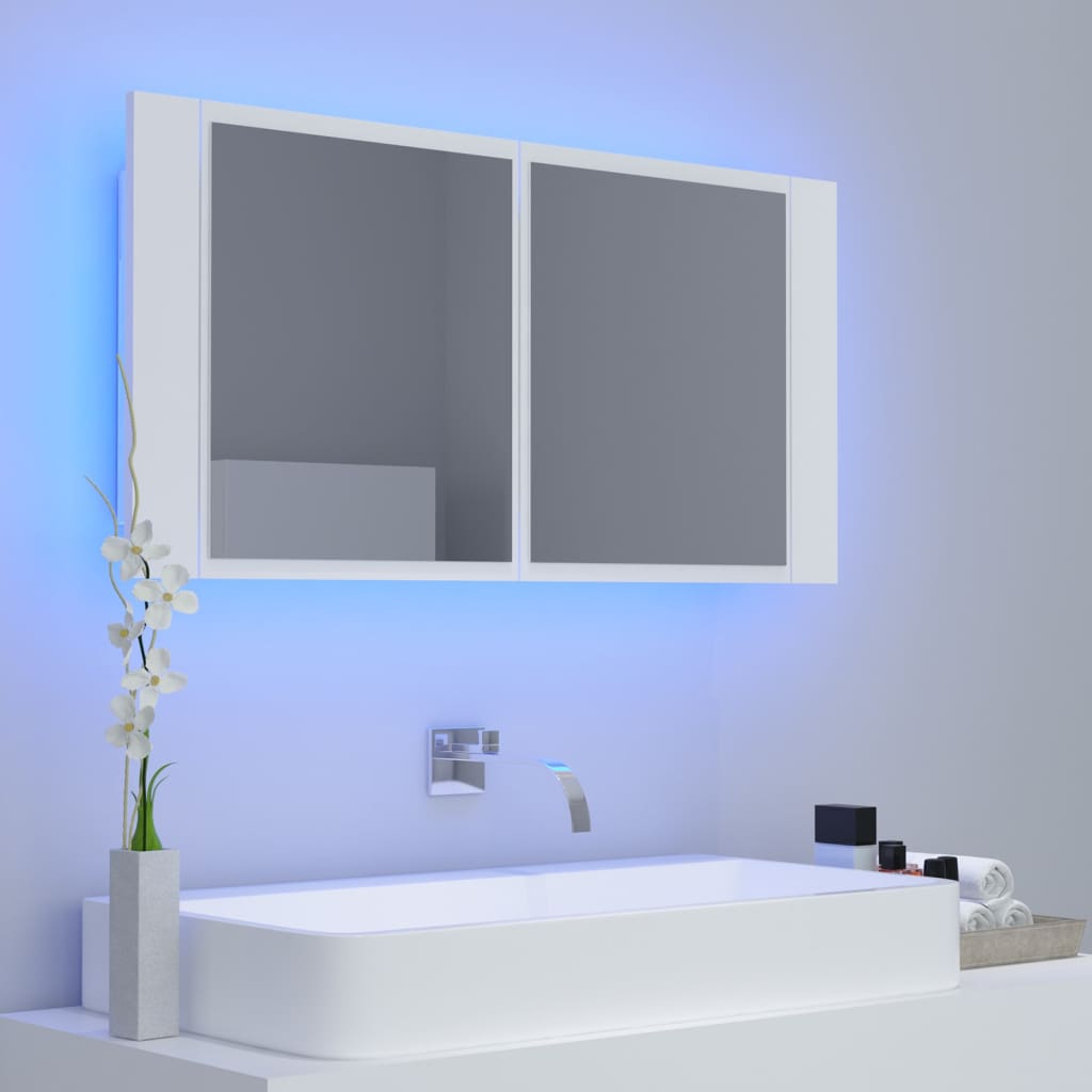 vidaXL Szafka łazienkowa z lustrem i LED, biała, 90x12x45 cm, akryl