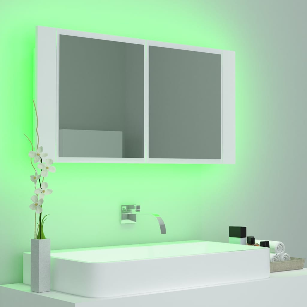 vidaXL Szafka łazienkowa z lustrem i LED, biała, 90x12x45 cm, akryl