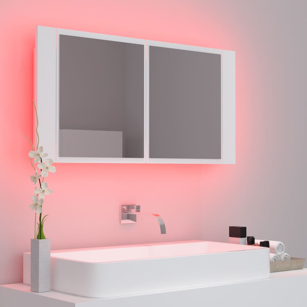 vidaXL Szafka łazienkowa z lustrem i LED, biała, 90x12x45 cm, akryl