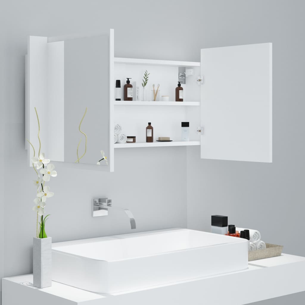 vidaXL Szafka łazienkowa z lustrem i LED, biała, 90x12x45 cm, akryl