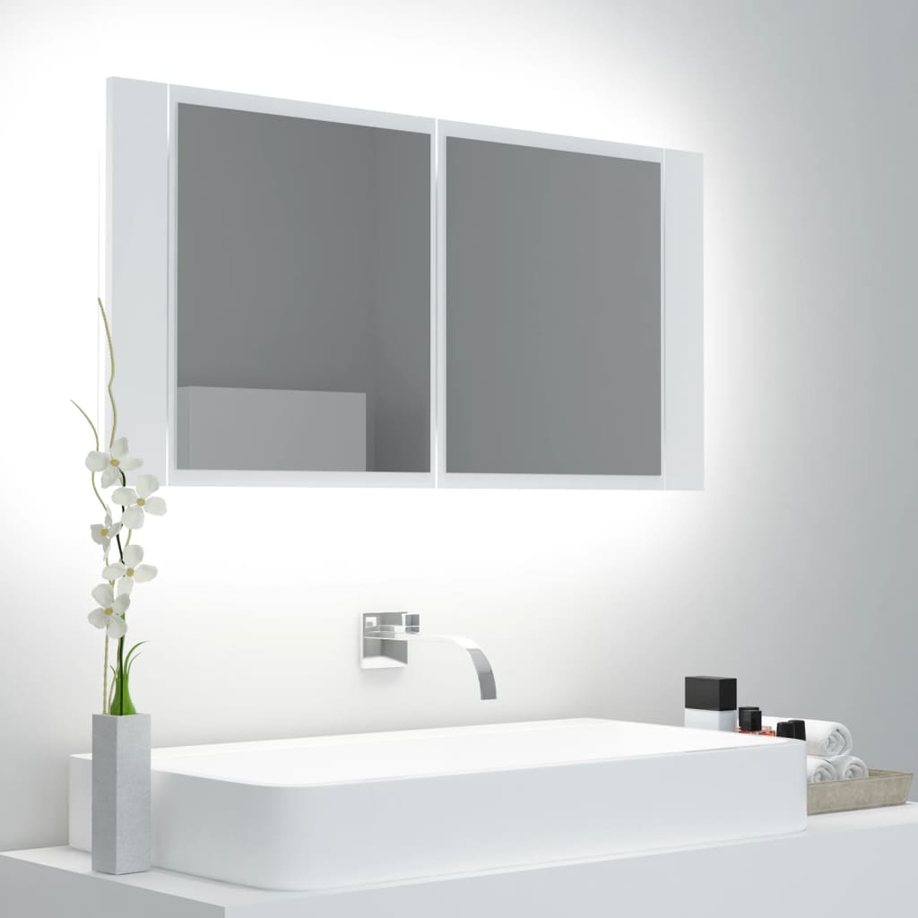 vidaXL Szafka łazienkowa z lustrem i LED, biała, 90x12x45 cm, akryl