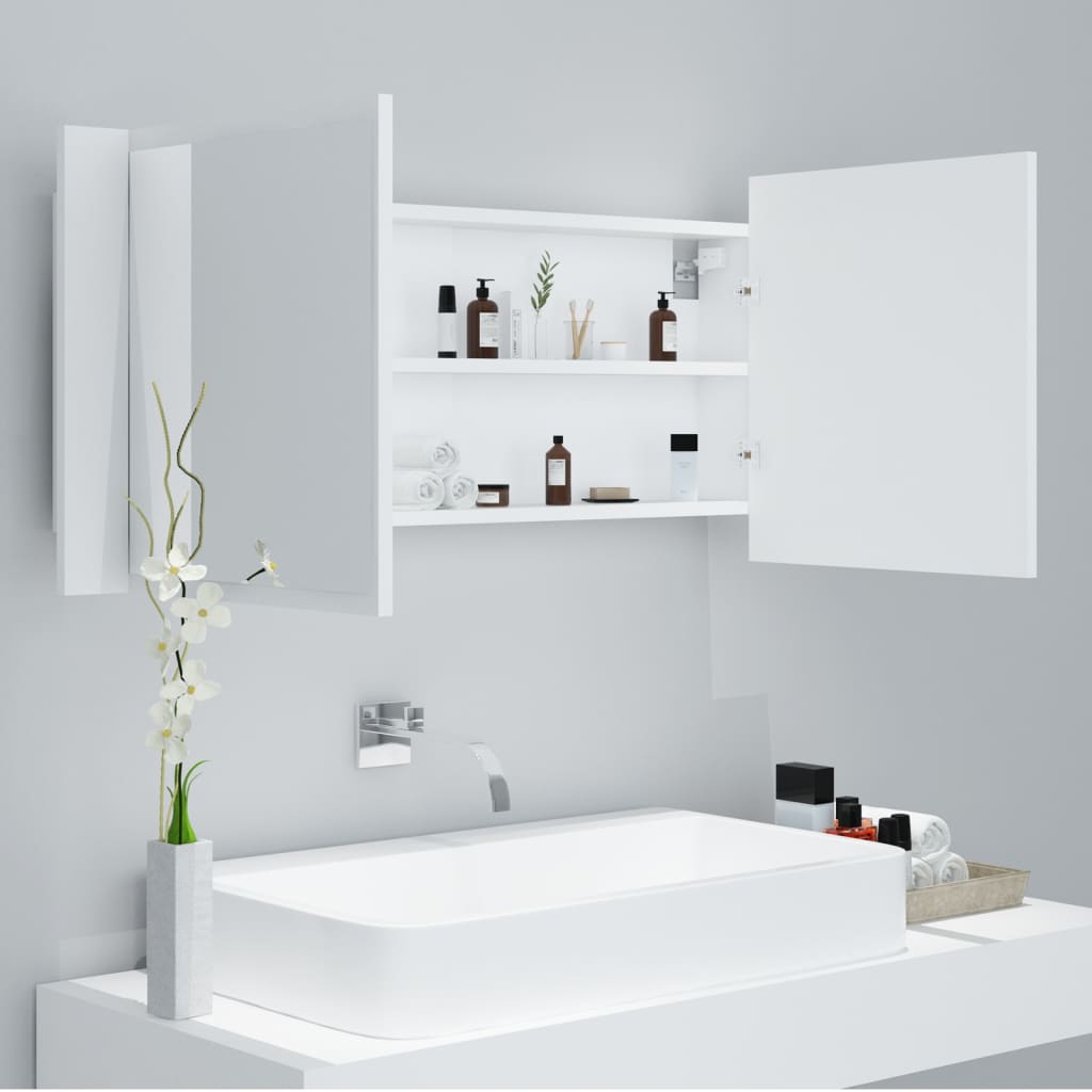 vidaXL Szafka łazienkowa z lustrem i LED, biała, 100x12x45 cm, akryl