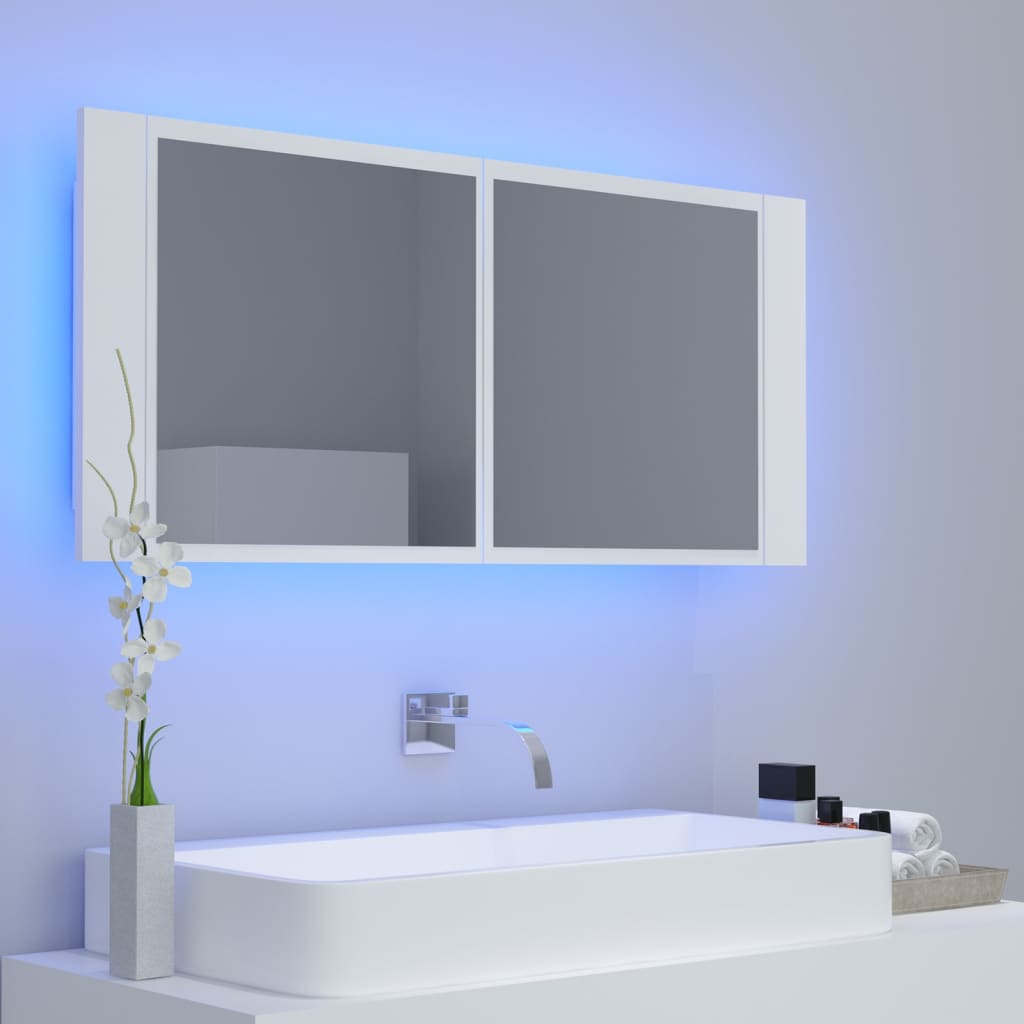 vidaXL Szafka łazienkowa z lustrem i LED, biała, 100x12x45 cm, akryl