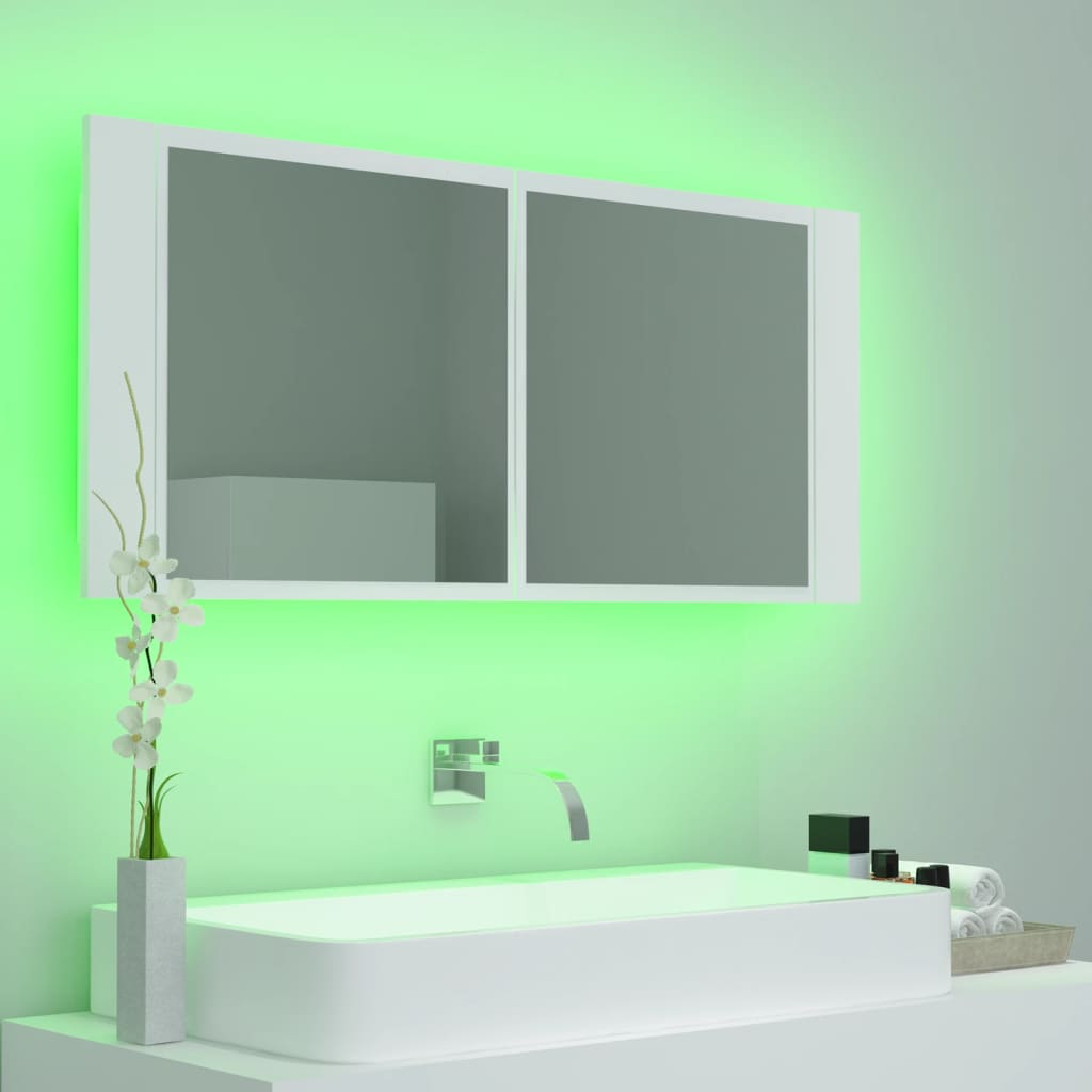 vidaXL Szafka łazienkowa z lustrem i LED, biała, 100x12x45 cm, akryl