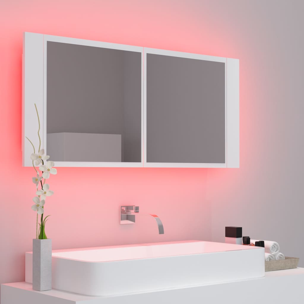 vidaXL Szafka łazienkowa z lustrem i LED, biała, 100x12x45 cm, akryl