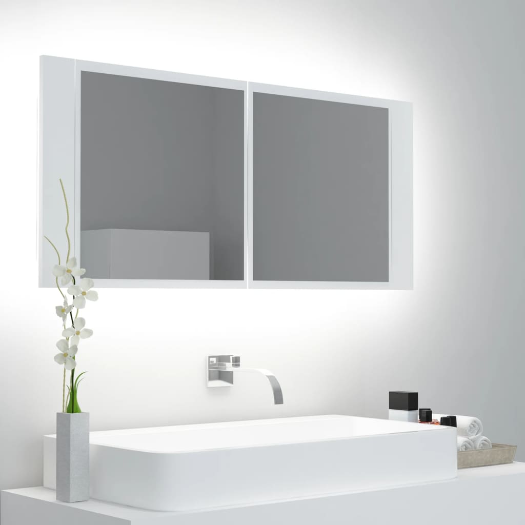vidaXL Szafka łazienkowa z lustrem i LED, biała, 100x12x45 cm, akryl