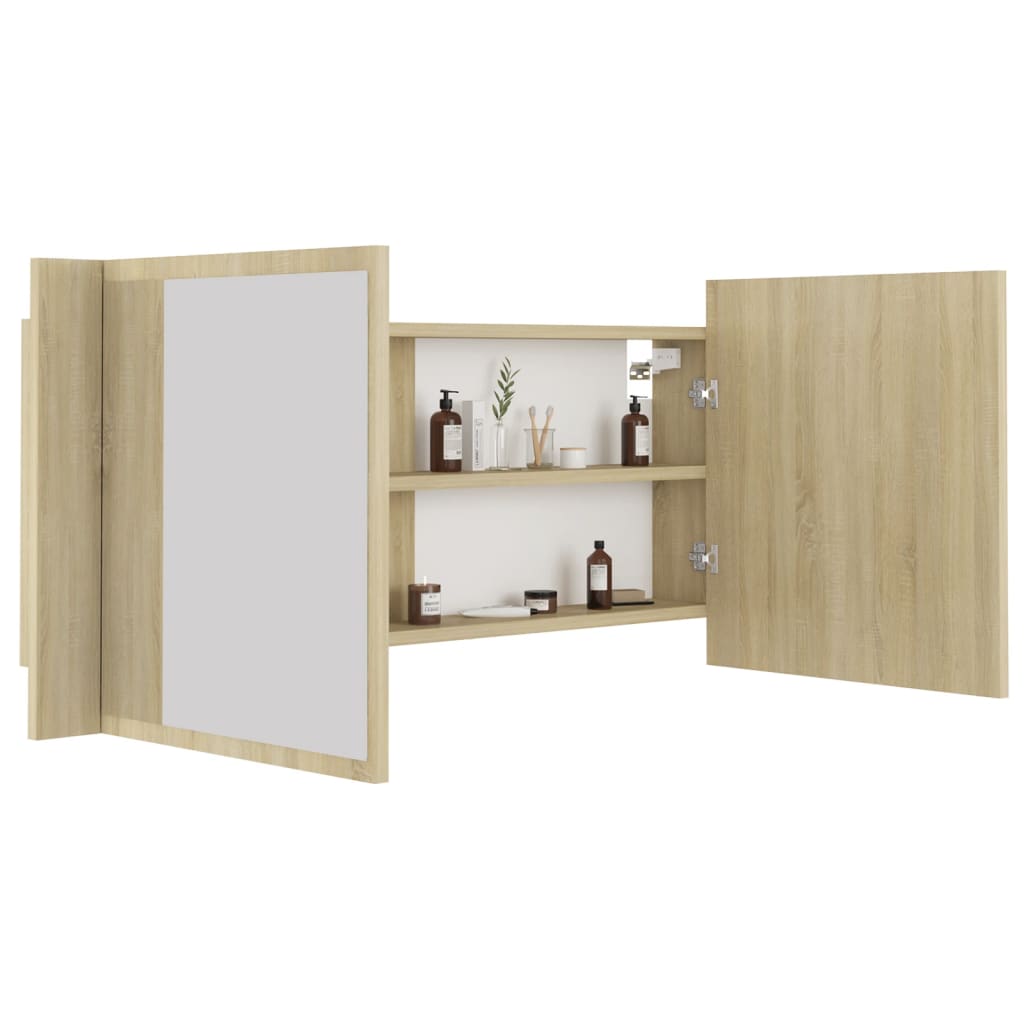 vidaXL Szafka łazienkowa z lustrem i LED, dąb sonoma, 100x12x45, akryl