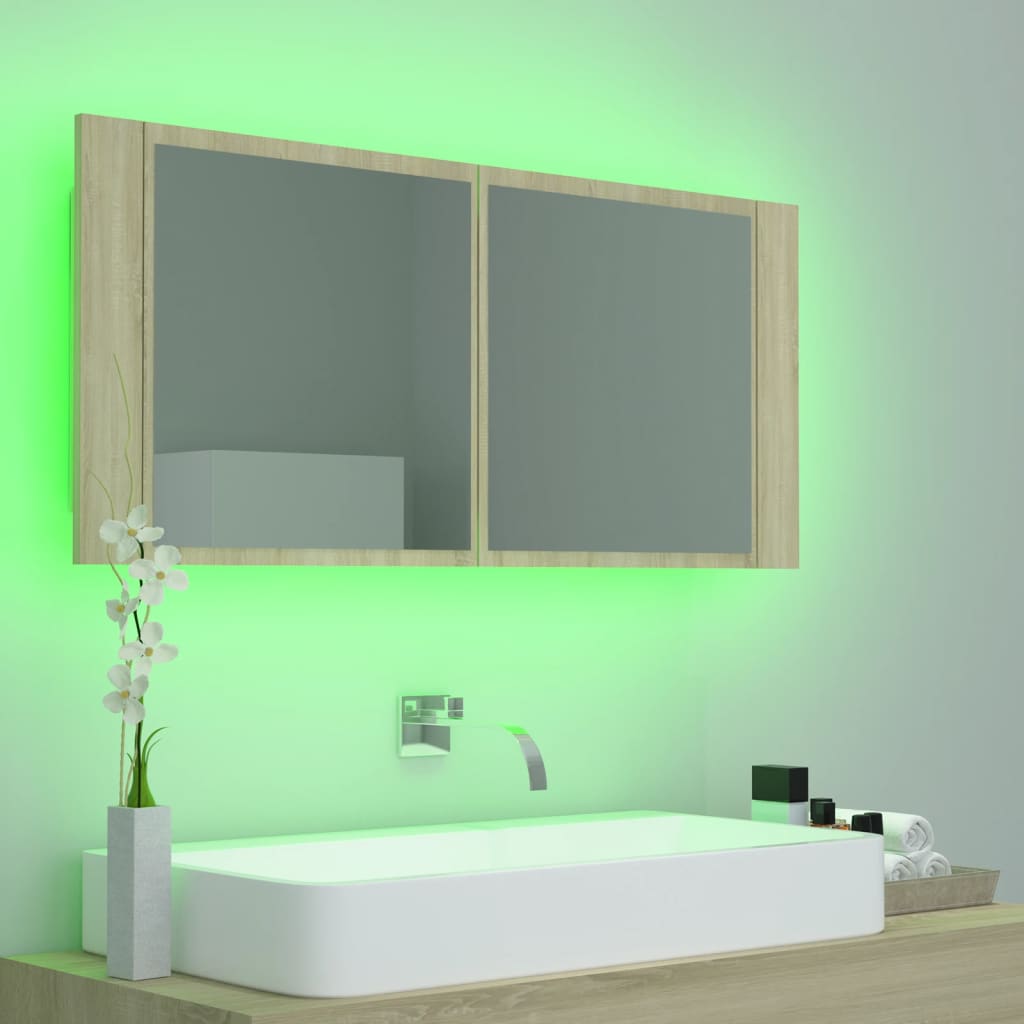 vidaXL Szafka łazienkowa z lustrem i LED, dąb sonoma, 100x12x45, akryl