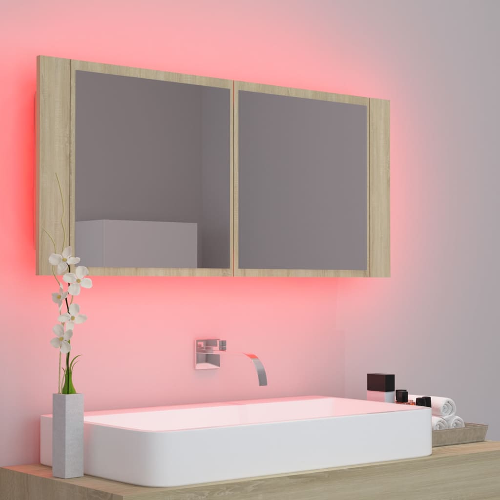 vidaXL Szafka łazienkowa z lustrem i LED, dąb sonoma, 100x12x45, akryl