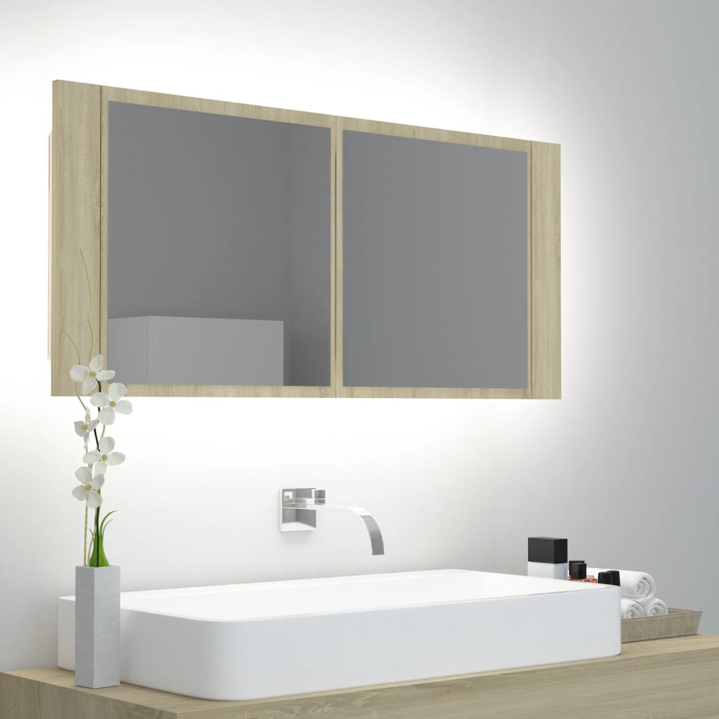 vidaXL Szafka łazienkowa z lustrem i LED, dąb sonoma, 100x12x45, akryl