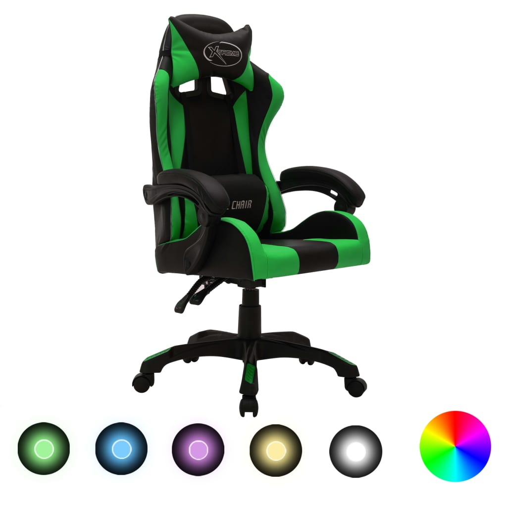 vidaXL Fotel dla gracza z RGB LED, zielono-czarny, sztuczna skóra