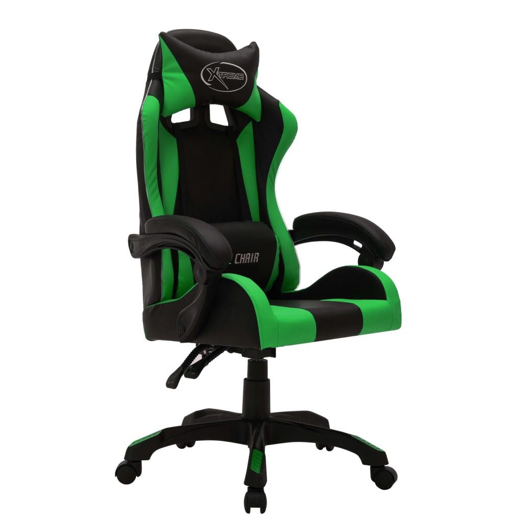 vidaXL Fotel dla gracza z RGB LED, zielono-czarny, sztuczna skóra
