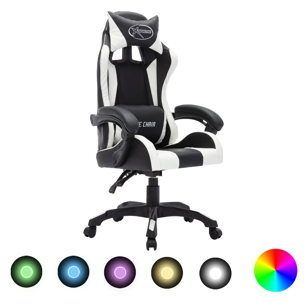 vidaXL Fotel dla gracza z RGB LED, biało-czarny, sztuczna skóra