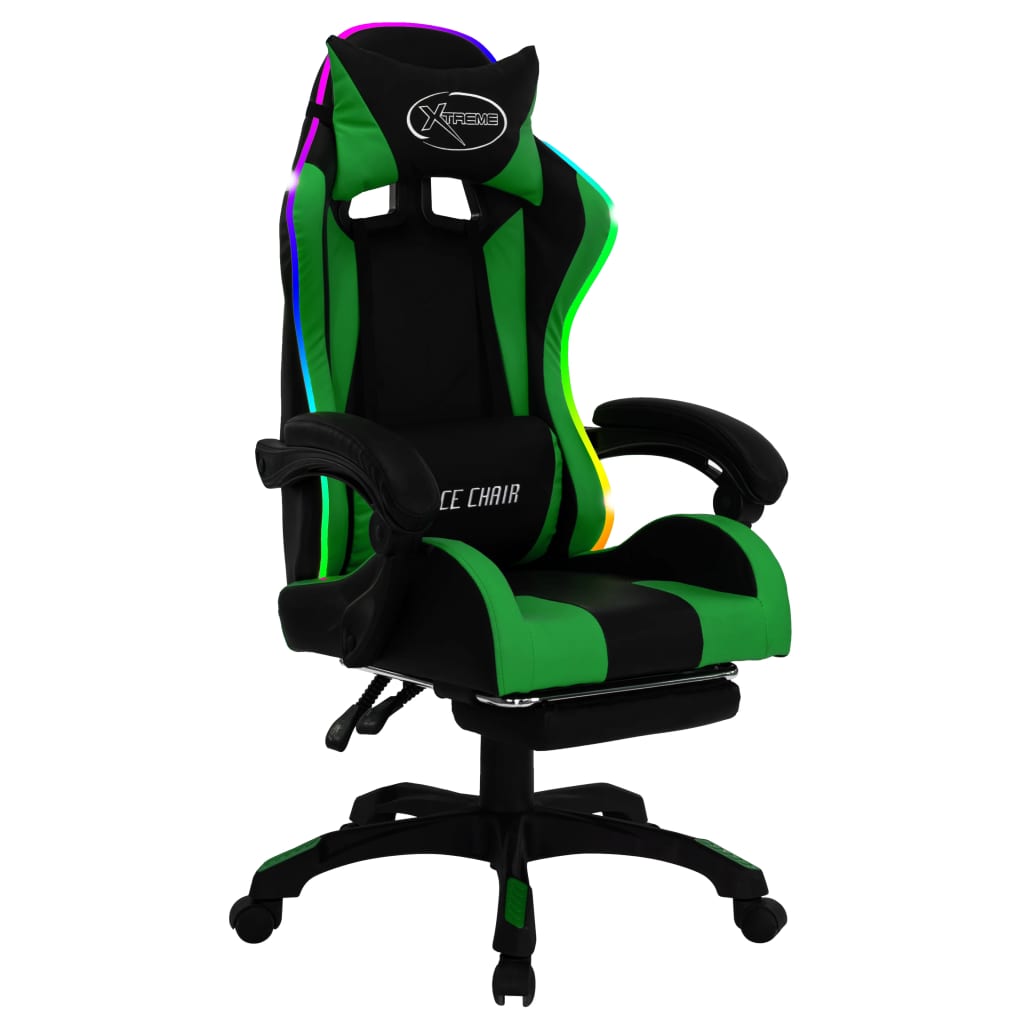 vidaXL Fotel dla gracza z RGB LED, zielono-czarny, sztuczna skóra