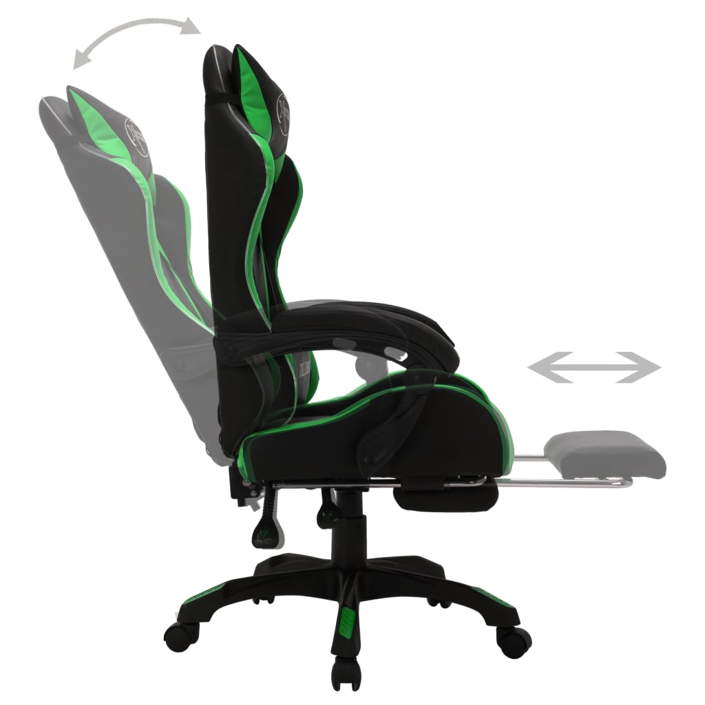 vidaXL Fotel dla gracza z RGB LED, zielono-czarny, sztuczna skóra